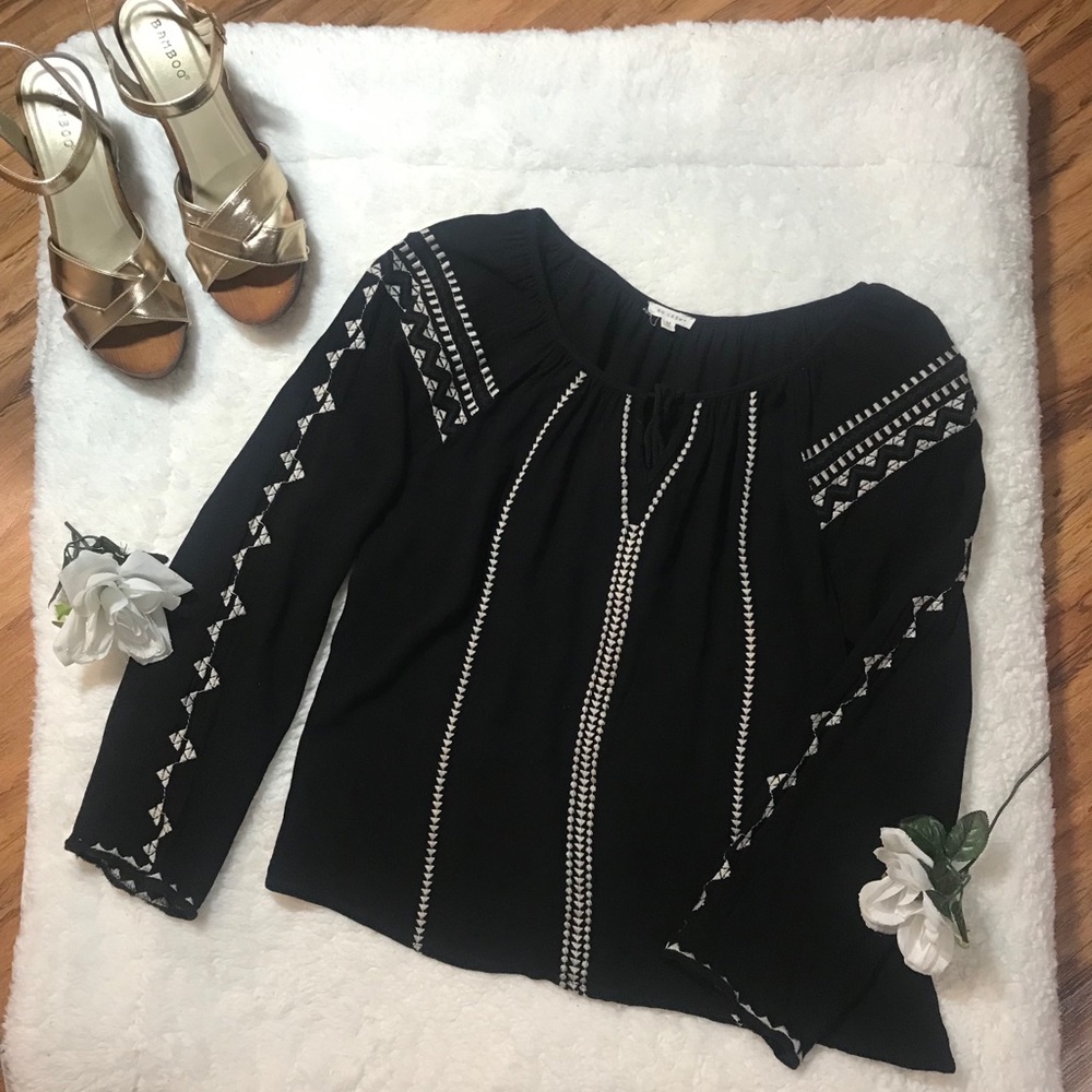En Creme Black Boho Tassel Tie Blouse M